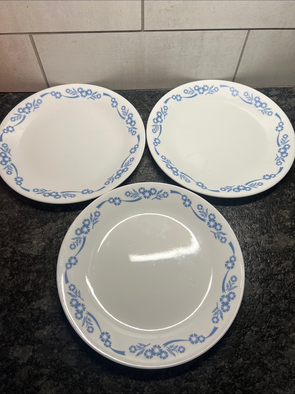 Classic White Dinner Plates with Blue Floral Border - Set of 3